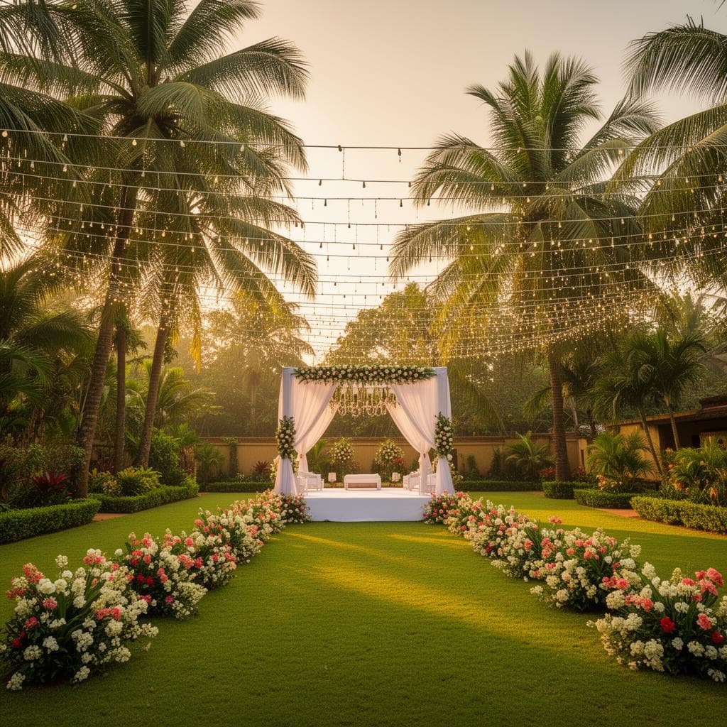 Outdoor garden wedding venue Jasmine Lawn at Kannur Gardens with lush greenery and night wedding decoration in Kannur Kerala