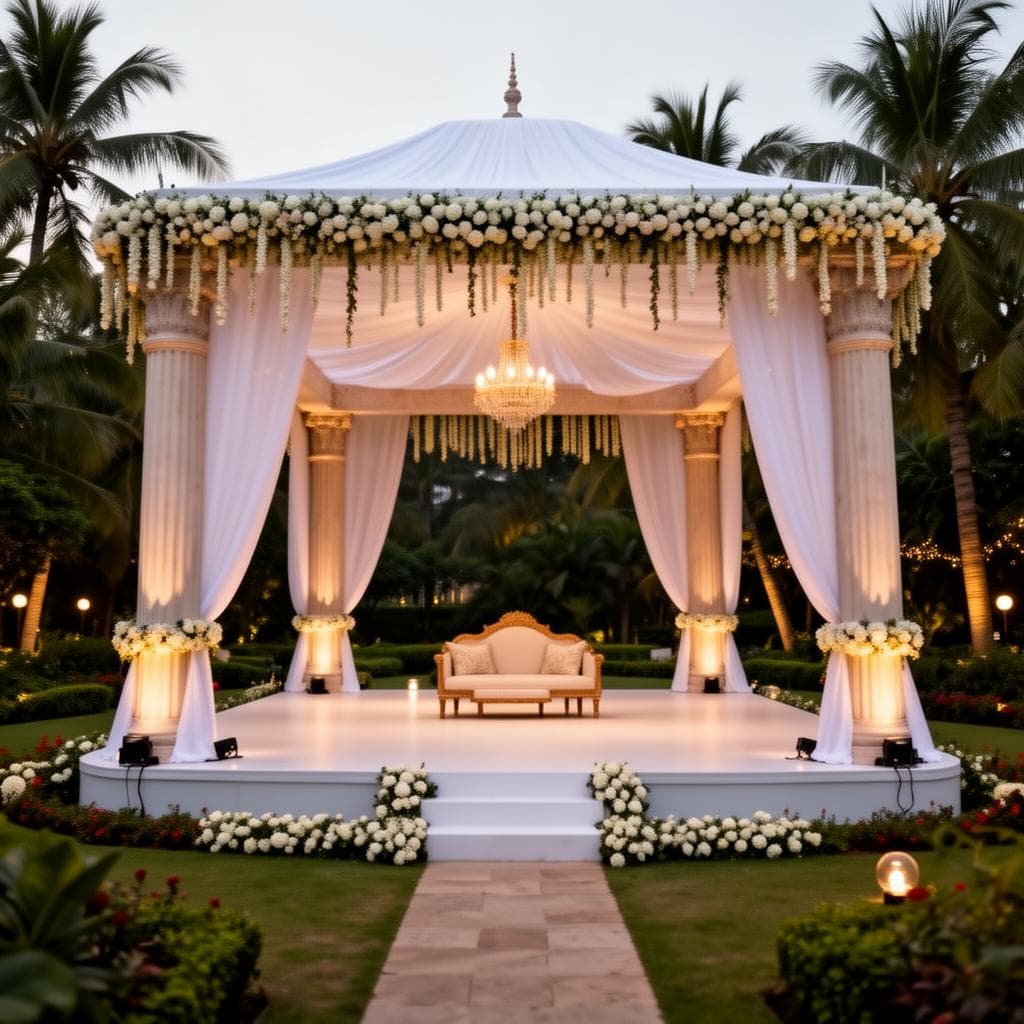 Air-conditioned banquet hall interior at Kannur Gardens with stage setup and comfortable seating in Kannur Kerala