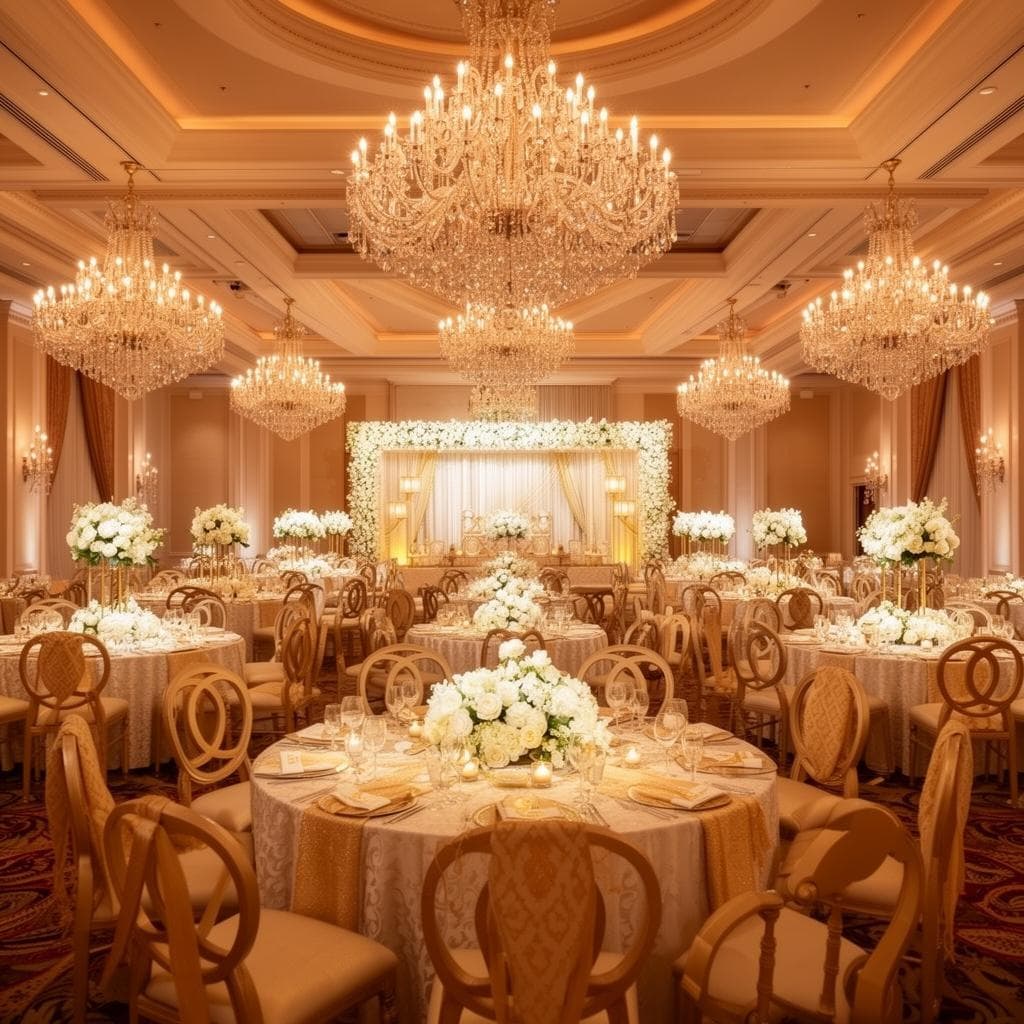 Kannur Gardens wedding venue indoor banquet hall with elegant stage setup and floral decorations in Kannur Kerala