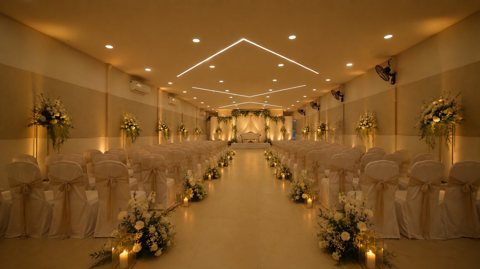 Kannur Gardens wedding venue indoor banquet hall with elegant stage setup and floral decorations in Kannur Kerala